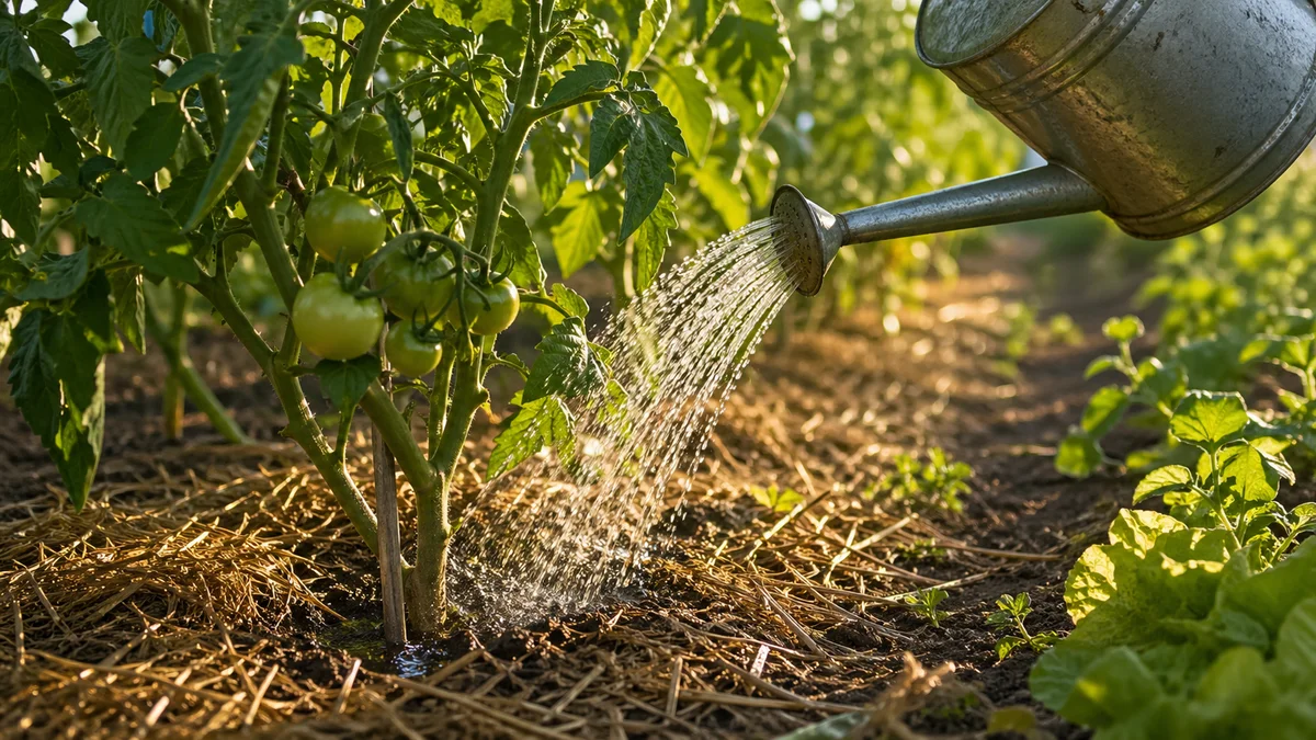 Stropitoare metalică toarnă apă la baza unei plante de roșii într-o grădină însorită