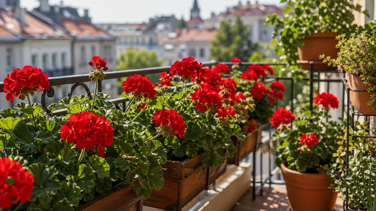 Mușcate roșii în floare pe un balcon