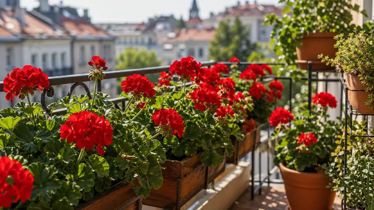 Mușcate roșii în floare pe un balcon