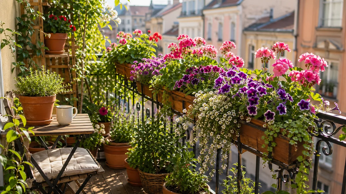 Balcon amenajat cu flori colorate în jardiniere