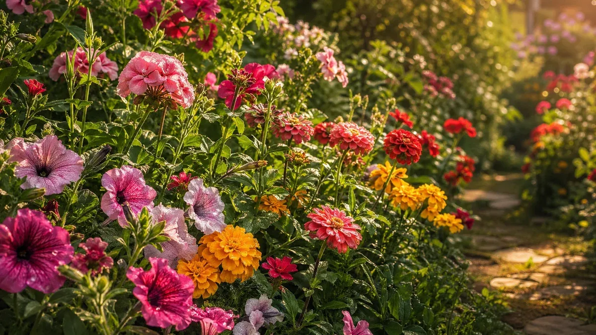 Grădină plină de flori colorate care înfloresc vara