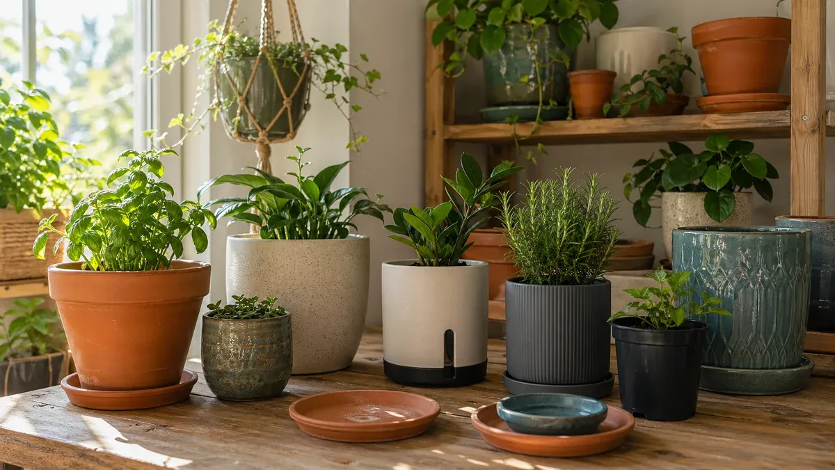 Diverse tipuri de ghivece cu plante pe un raft