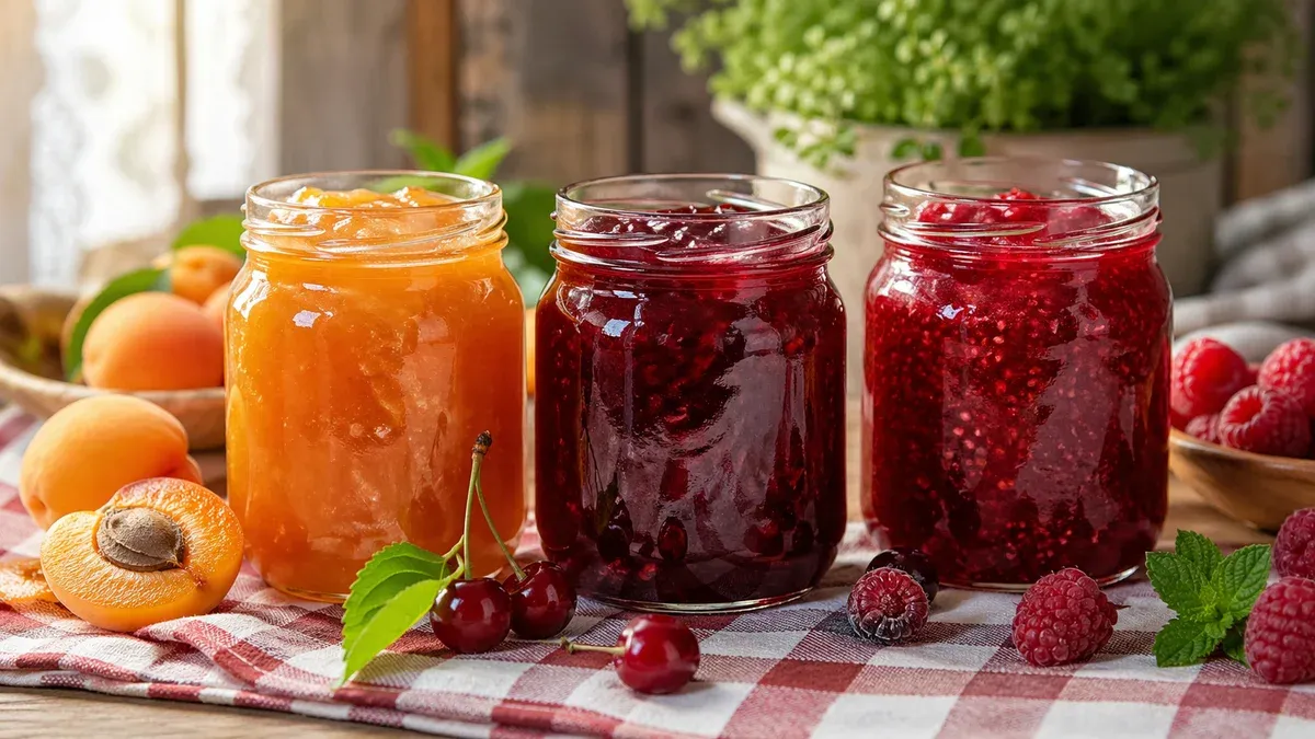 Trei borcane de dulceață colorată (caise, vișine, zmeură) pe față de masă în carouri, fructe proaspete alături