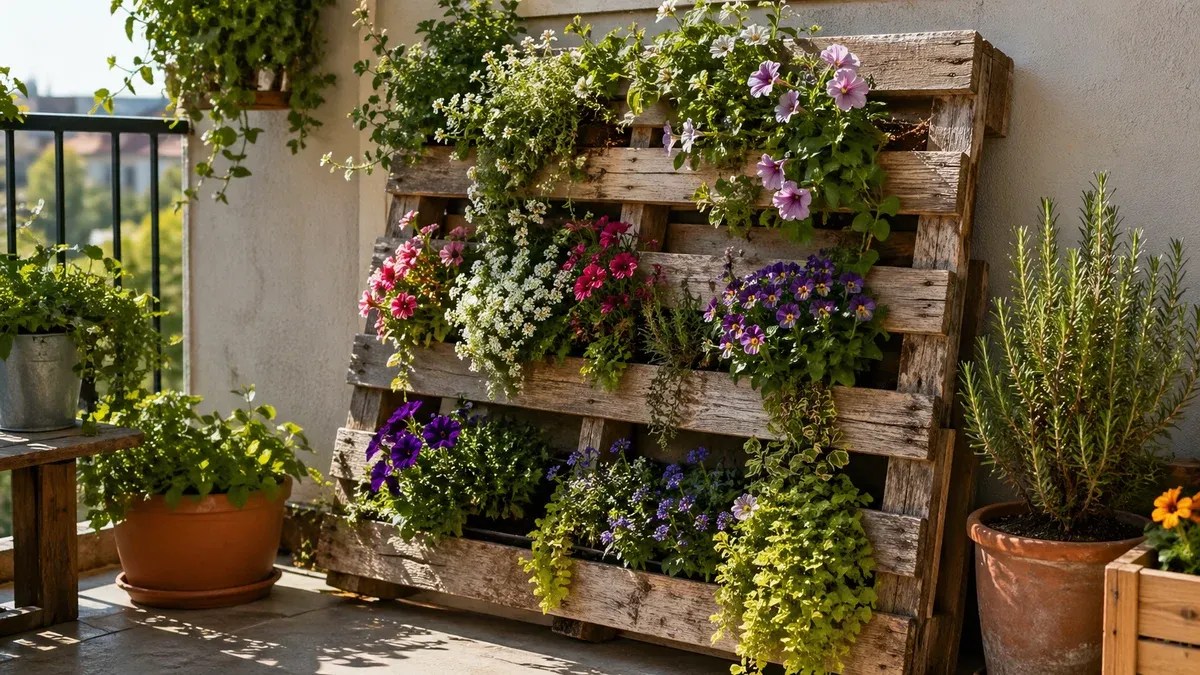 Plantator vertical din palet de lemn cu flori colorate cascadând pe balcon însorit