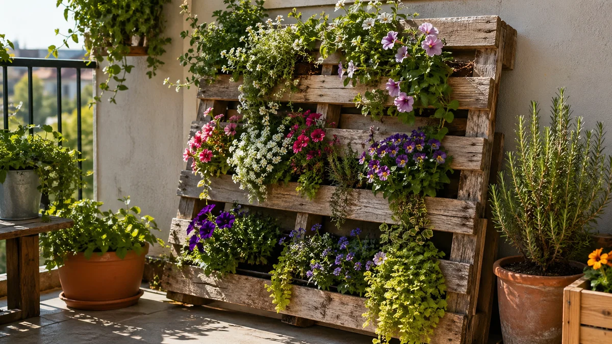 Plantator vertical din palet de lemn cu flori colorate cascadând pe balcon însorit