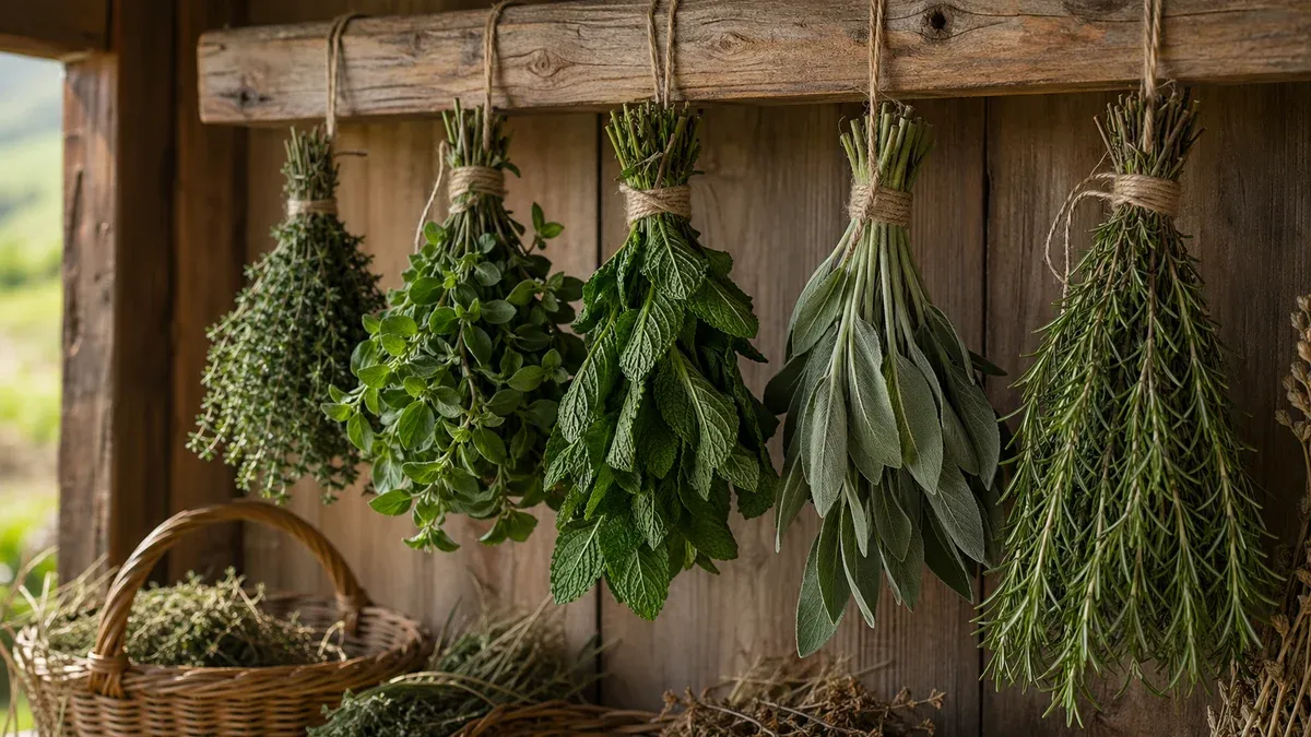 Mănunchiuri de ierburi aromatice — cimbru, oregano, mentă — atârnate cu sfoară de o grindă de lemn în cămară luminoasă