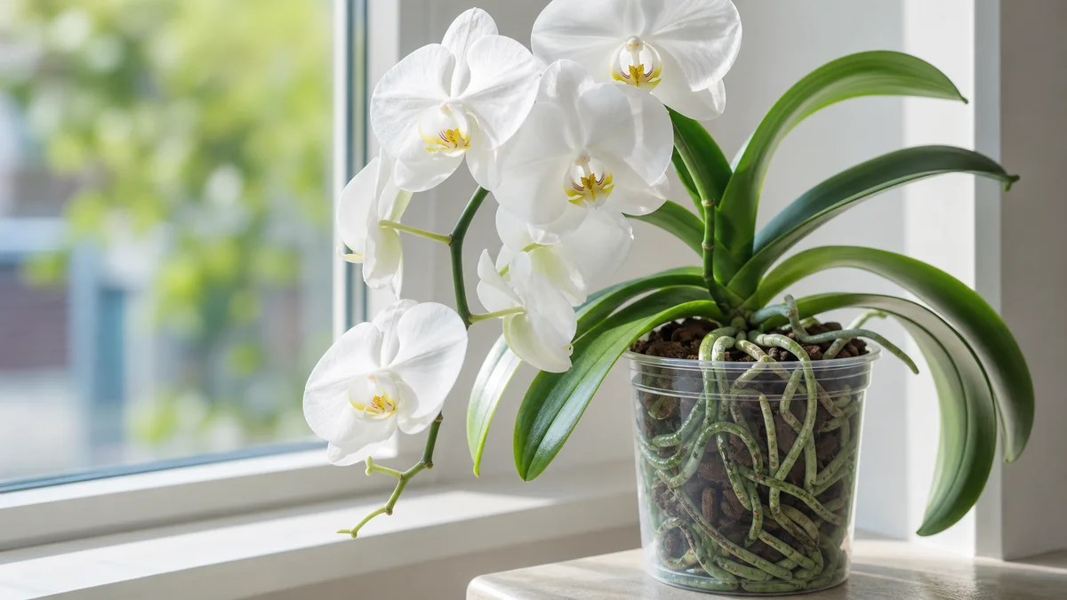 Orhidee Phalaenopsis albă înflorită pe un pervaz luminos, lângă un vas transparent cu rădăcini verzi