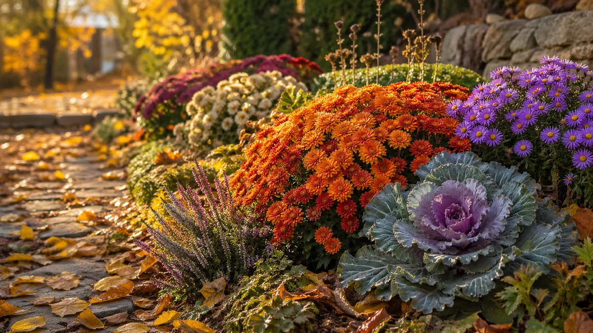 Grădină de toamnă cu crizanteme portocalii, asteri mov și ornamental cabbage, frunze galbene pe sol