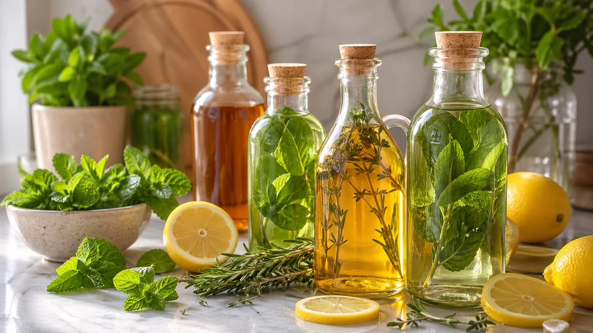 Sirop natural de mentă în sticle de sticlă pe blat de marmură, frunze proaspete și felii de lămâie alături