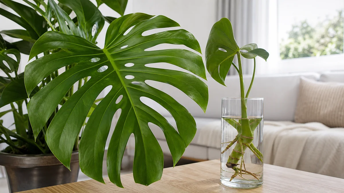 Frunză mare de Monstera deliciosa cu perforații, într-un living luminos, lângă un butaș înrădăcinat în vas de sticlă