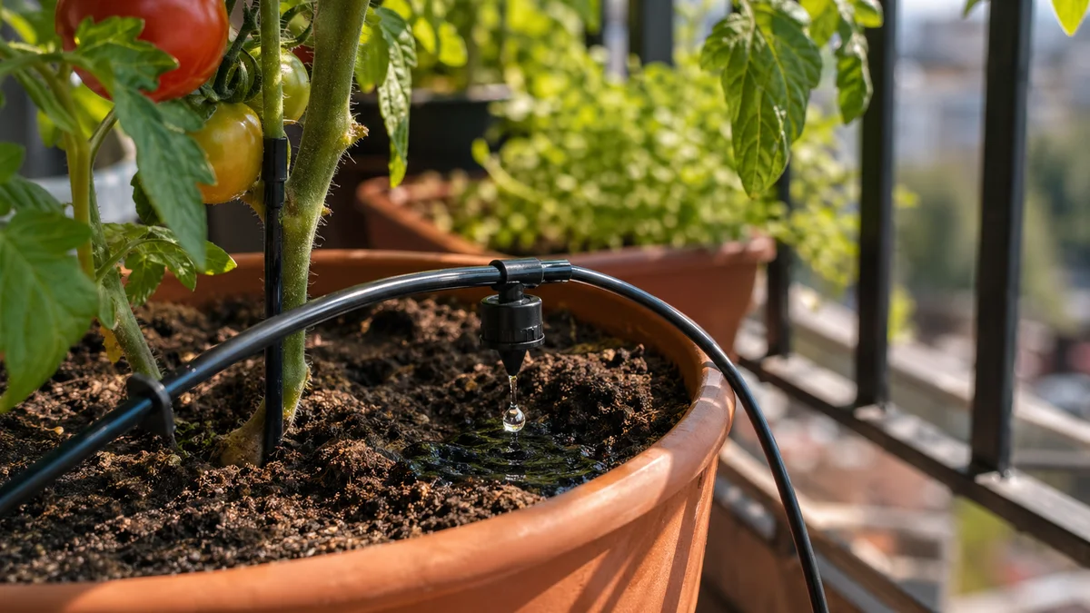Furtun de irigare prin picurare cu emițător negru picură apă la rădăcina unei roșii pe balcon