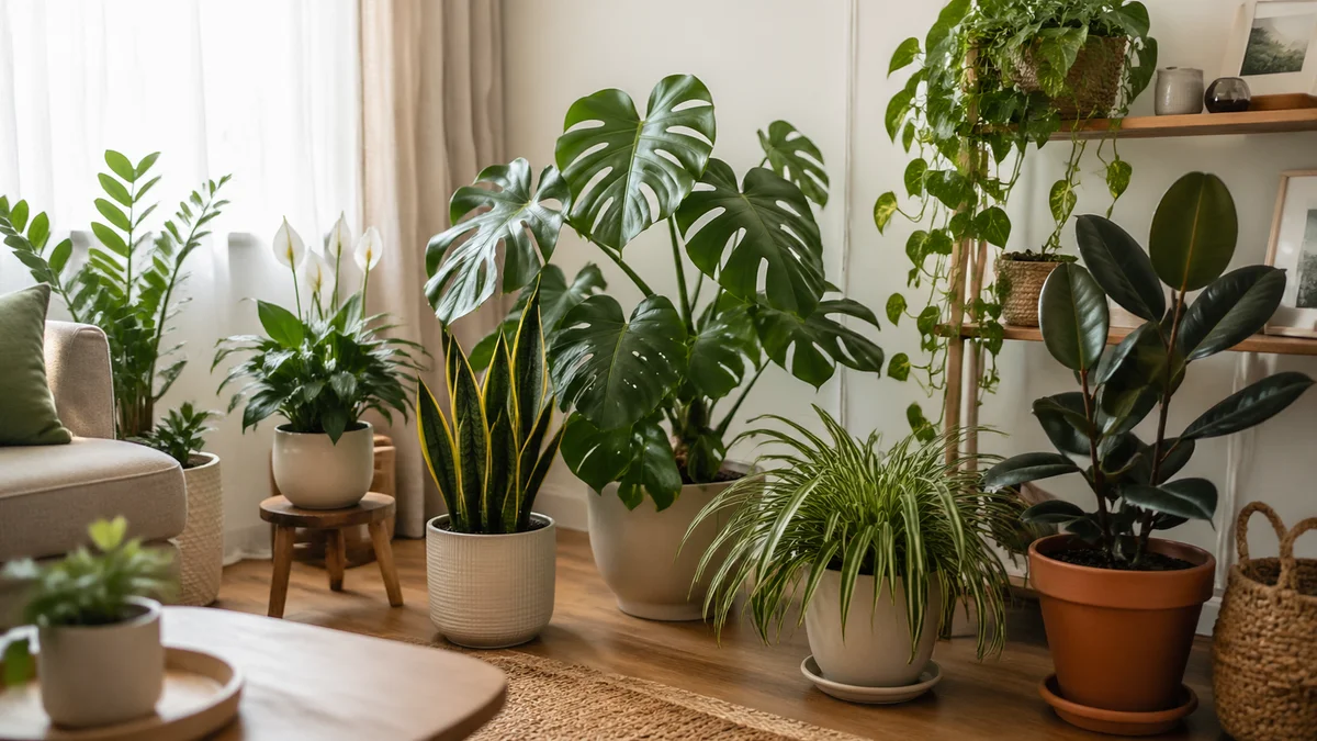 Plante de interior verzi aranjate într-o cameră luminoasă