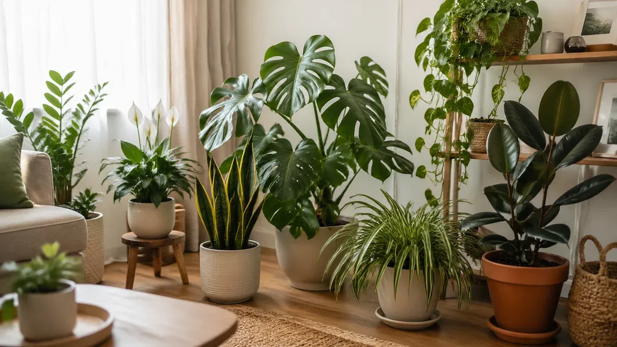 Plante de interior verzi aranjate într-o cameră luminoasă