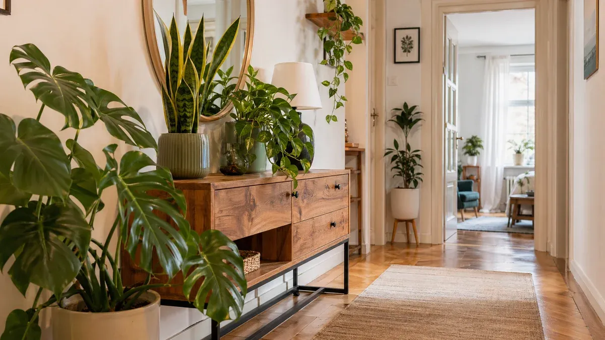 Hol elegant cu monstera, sansevieria și pothos pe console din lemn, oglindă reflectând verdele plantelor