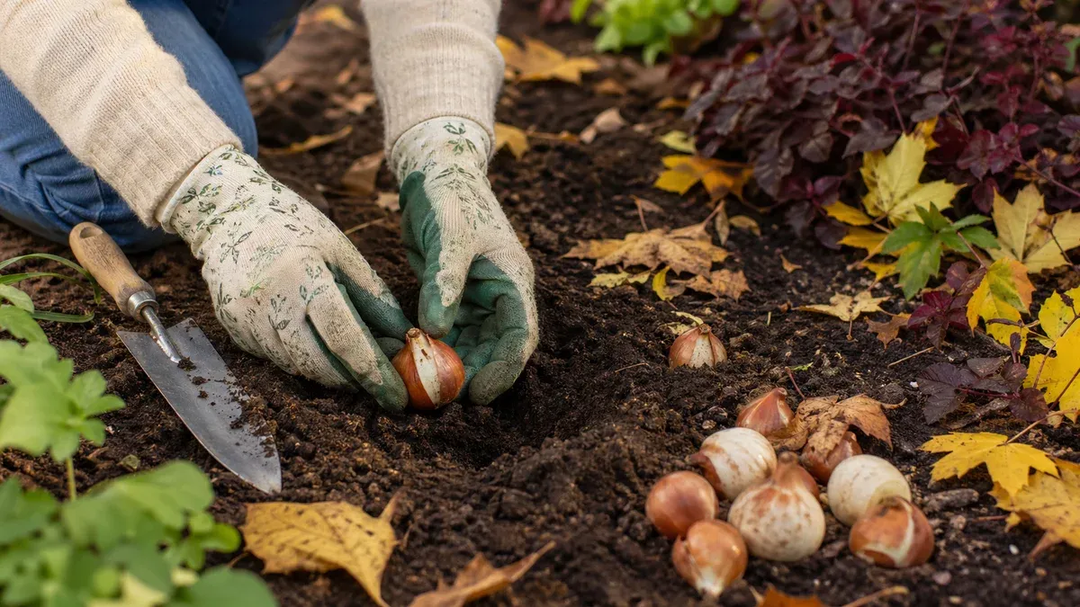 Mâini cu mănuși plantând bulbi de lalele în pământul afânat al unei grădini de toamnă, frunze galbene în jur