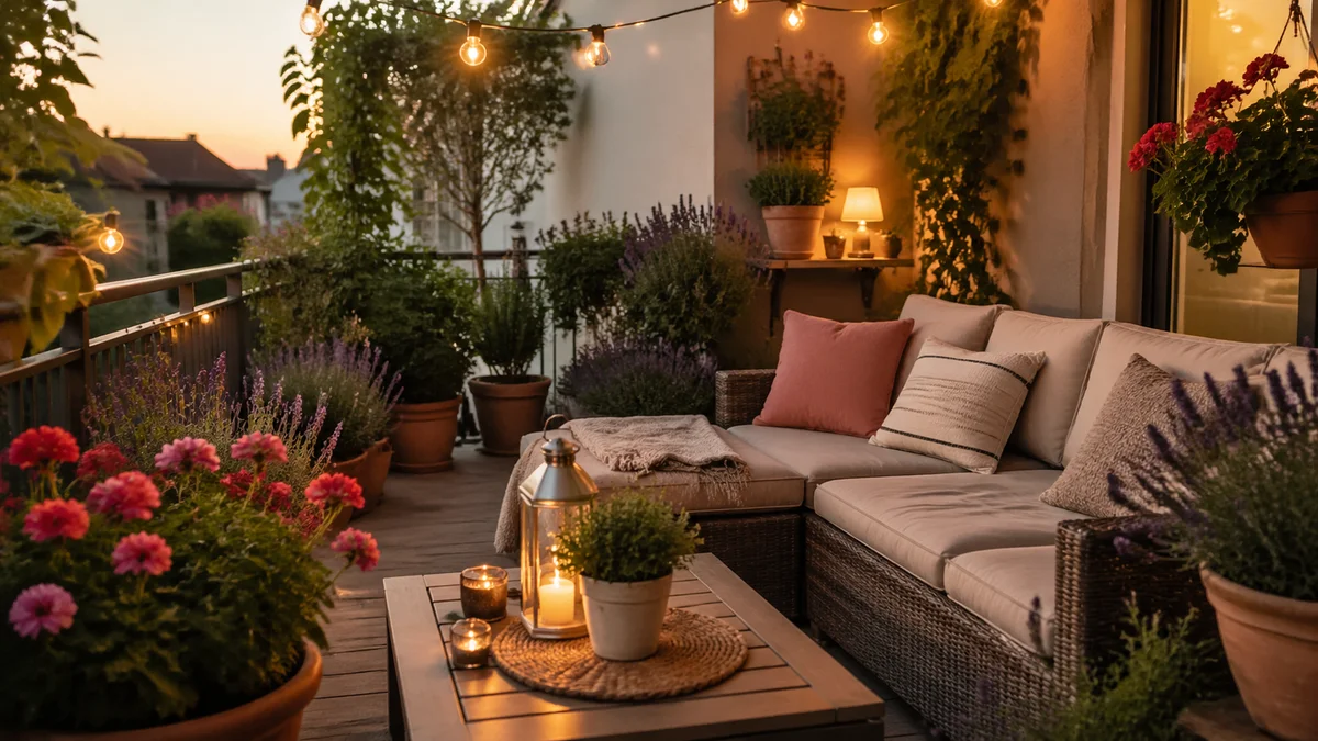 Terasă amenajată cu plante, lumini și mobilier confortabil