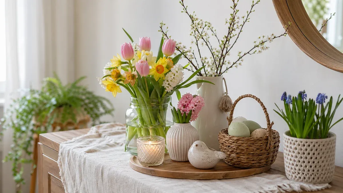 Casă decorată cu flori de primăvară și elemente naturale