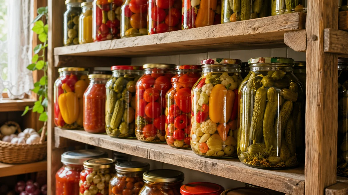 Borcane cu conserve de legume colorate aliniate pe rafturi de lemn în cămară luminoasă, gogoșari și ardei roșii