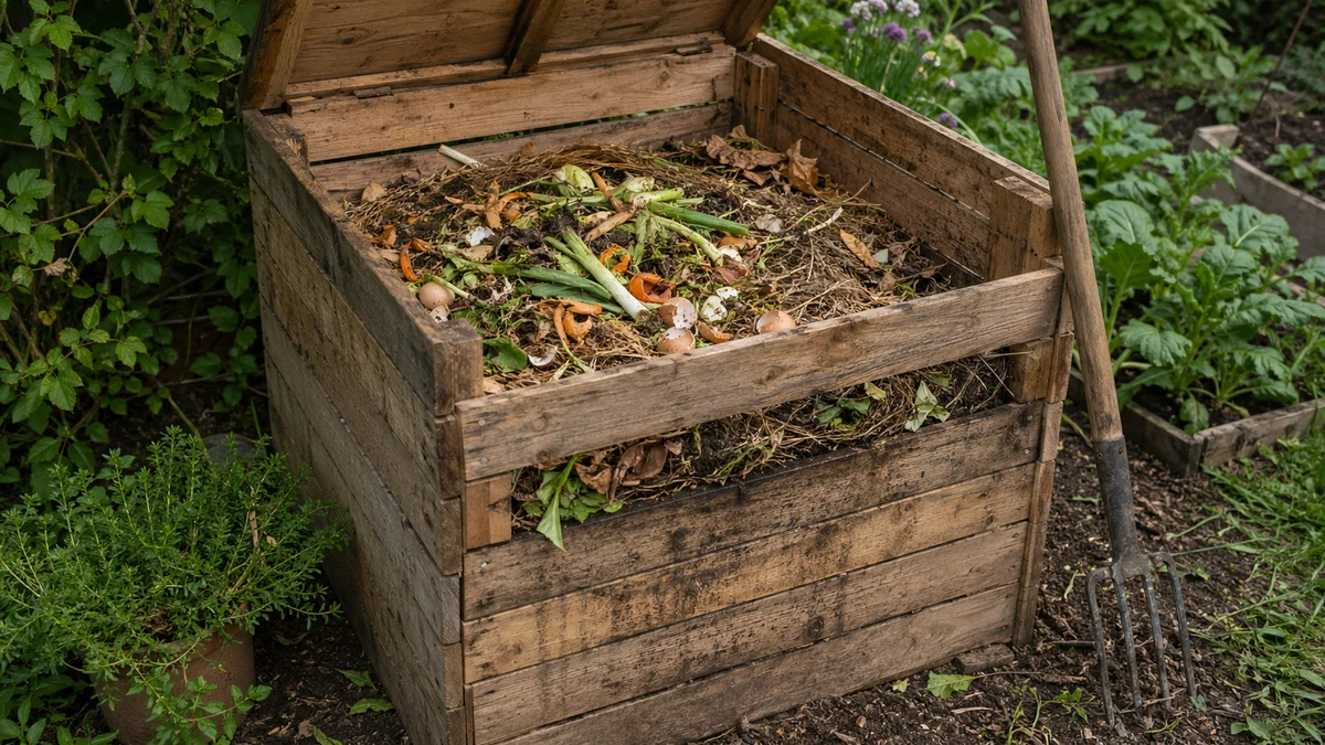 Compostor din lemn în grădină cu resturi vegetale