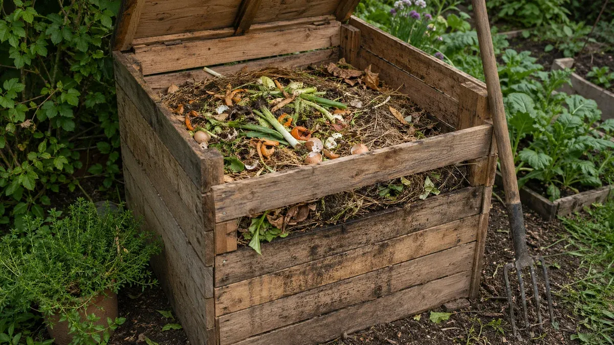 Compostor din lemn în grădină cu resturi vegetale