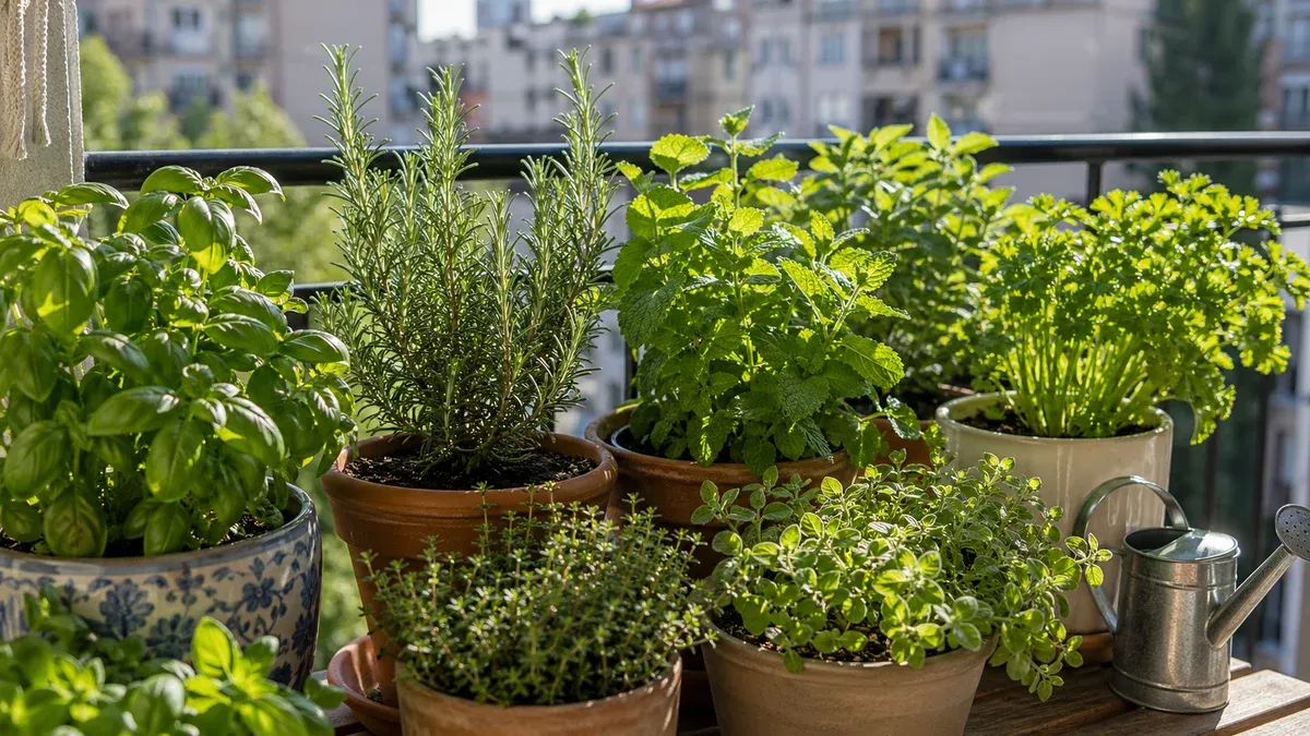 Ghivece cu plante aromatice pe un balcon însorit