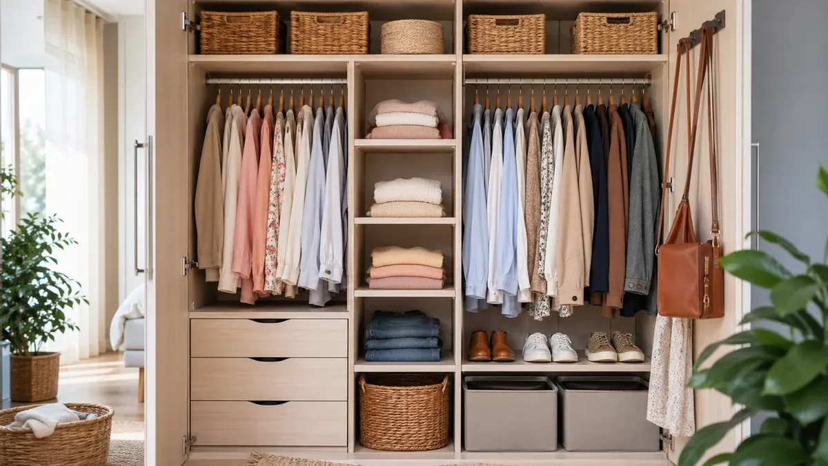 Dulap perfect organizat cu haine în culori pastel, coșuri din răchită și raft cu pulovere împăturate, lumină naturală