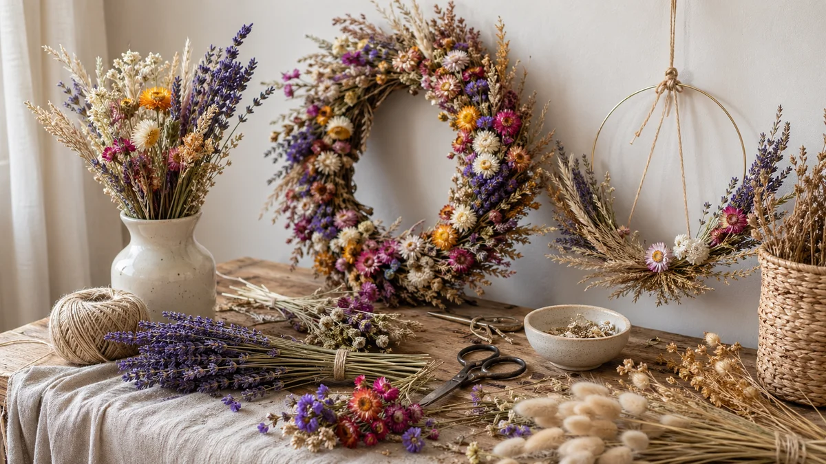 Decorațiuni DIY cu flori uscate pe un perete
