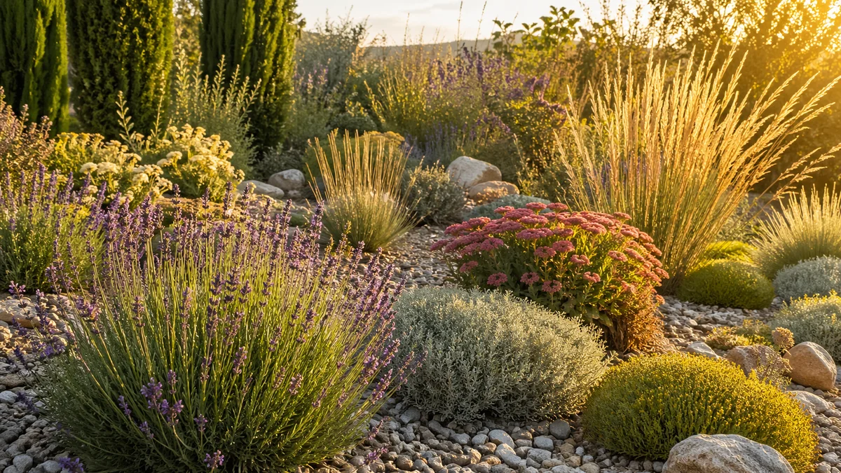 Grădină mediteraneană cu lavandă, sedum și ierburi ornamentale care rezistă la secetă