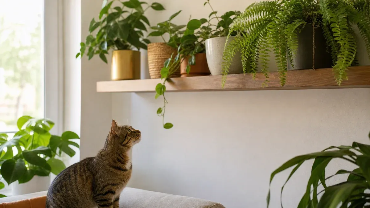 Pisică tigrată așezată pe canapea, privind în sus spre plantele de interior de pe un raft înalt, la care nu ajunge