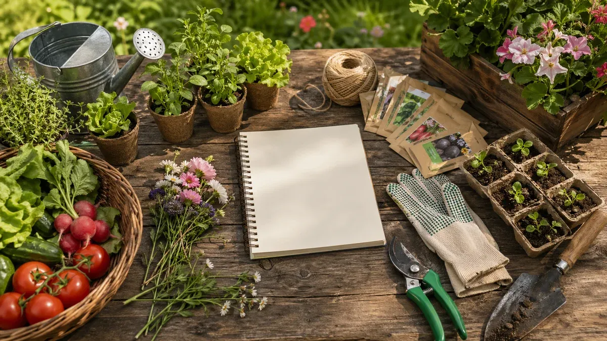Calendar de grădinărit cu plante și unelte