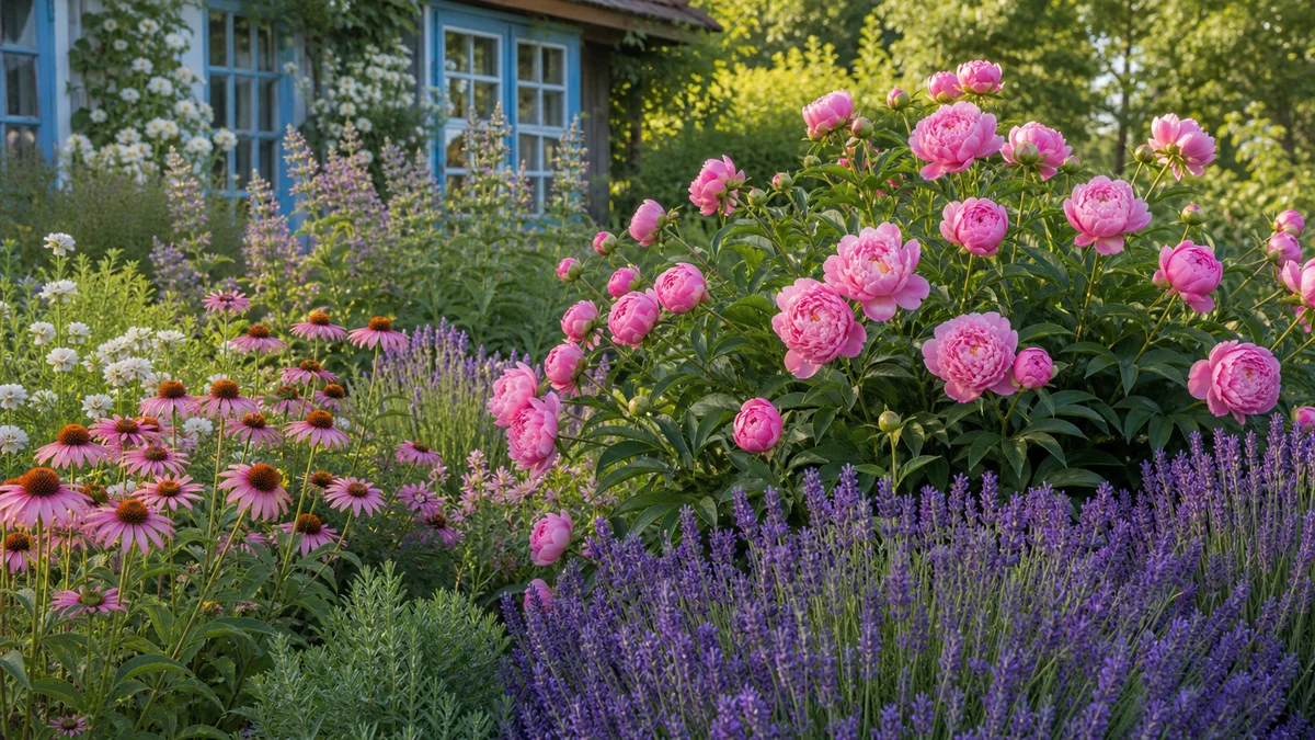 Strat de plante perene înflorite: bujori, lavandă și echinacea într-o grădină de vară