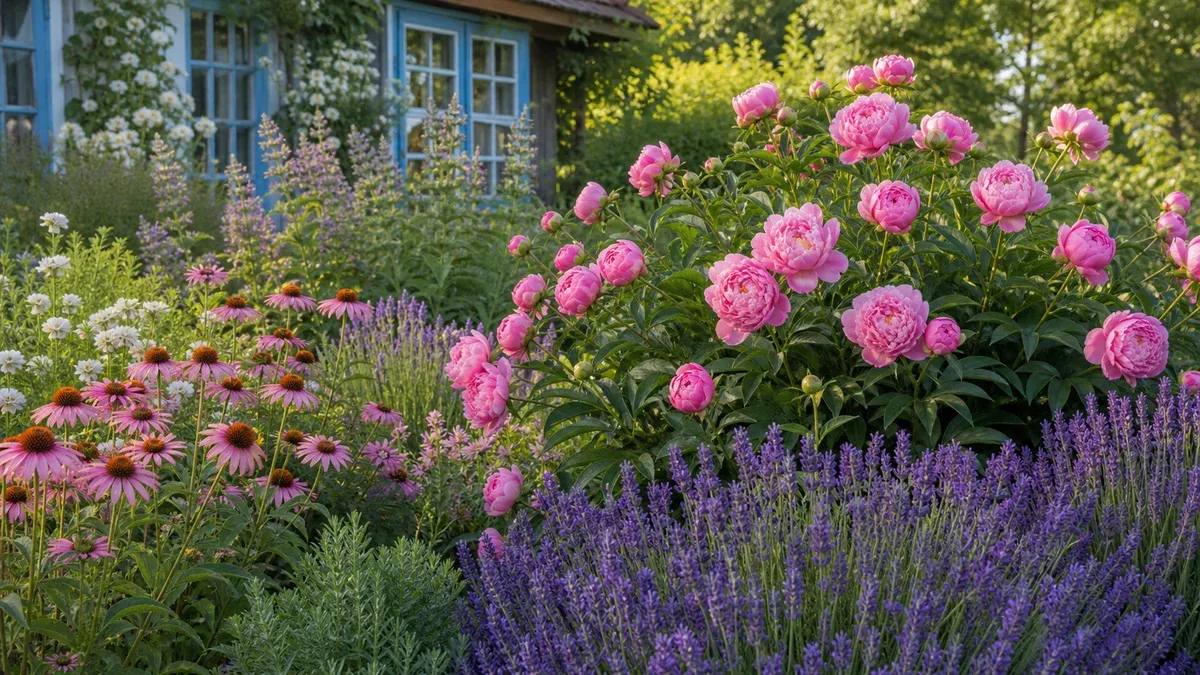 Strat de plante perene înflorite: bujori, lavandă și echinacea într-o grădină de vară