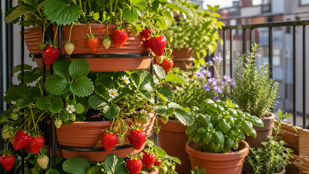 Căpșuni roșii coapte într-un sistem vertical de plantare cu mai multe niveluri pe un balcon însorit