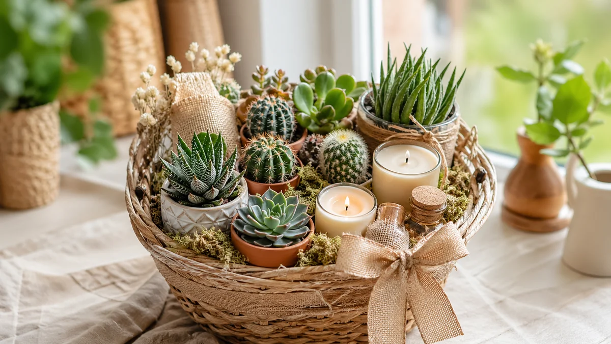 Coș împletit decorativ cu suculente, cactuși mici, lumânări parfumate și vase din lut, lumină naturală blândă