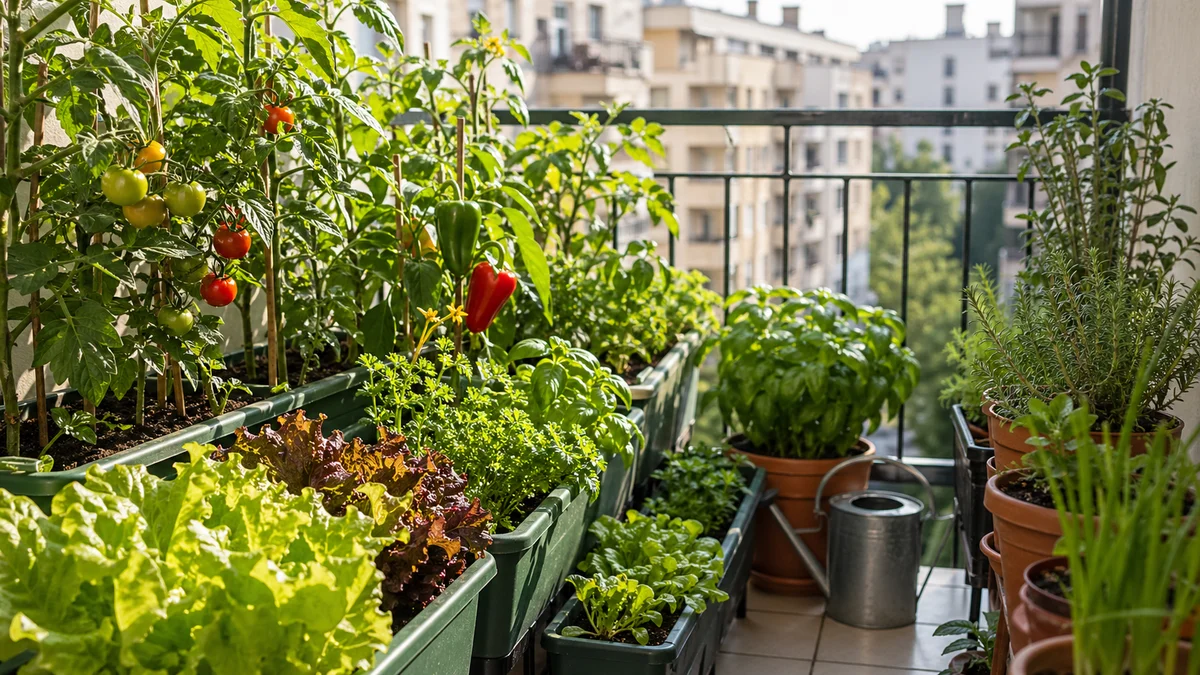 Ghivece cu roșii și salată verde pe un balcon urban